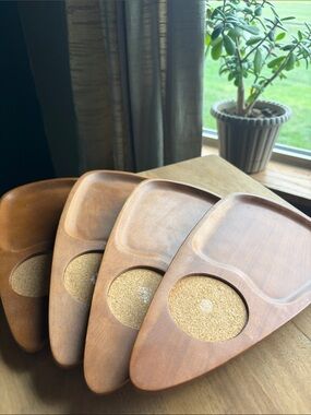 Vintage MCM Set Of 4 Serv Wood Snack Trays W/Cork Coasters Made In Japan